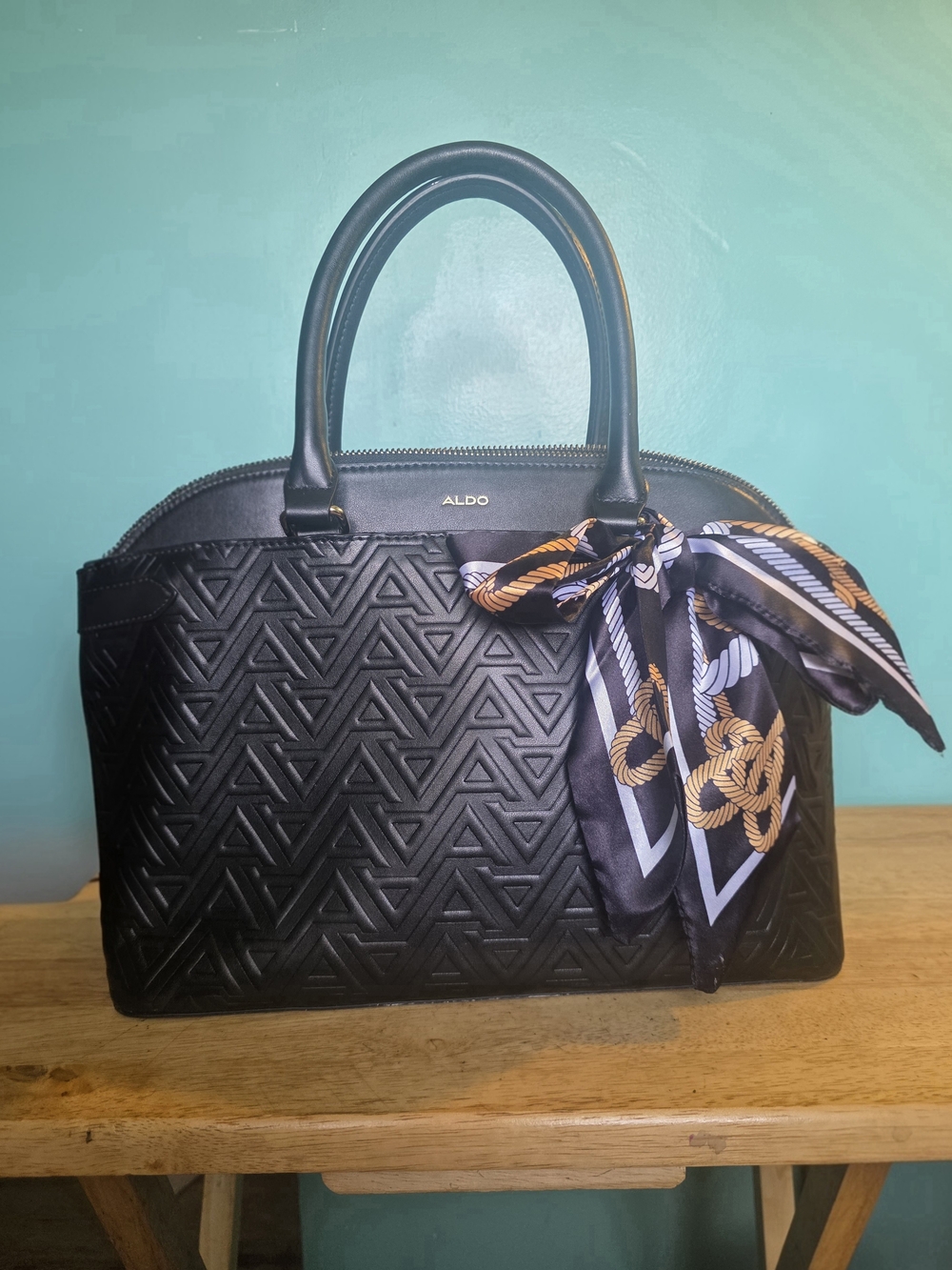 ALDO Black Quilted Dome Satchel with Decorative Scarf